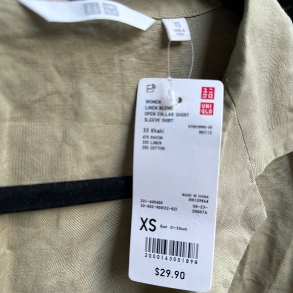 Uniqlo Linen Open Collar Button Up XS Khaki Shirt - Picture 4 of 5